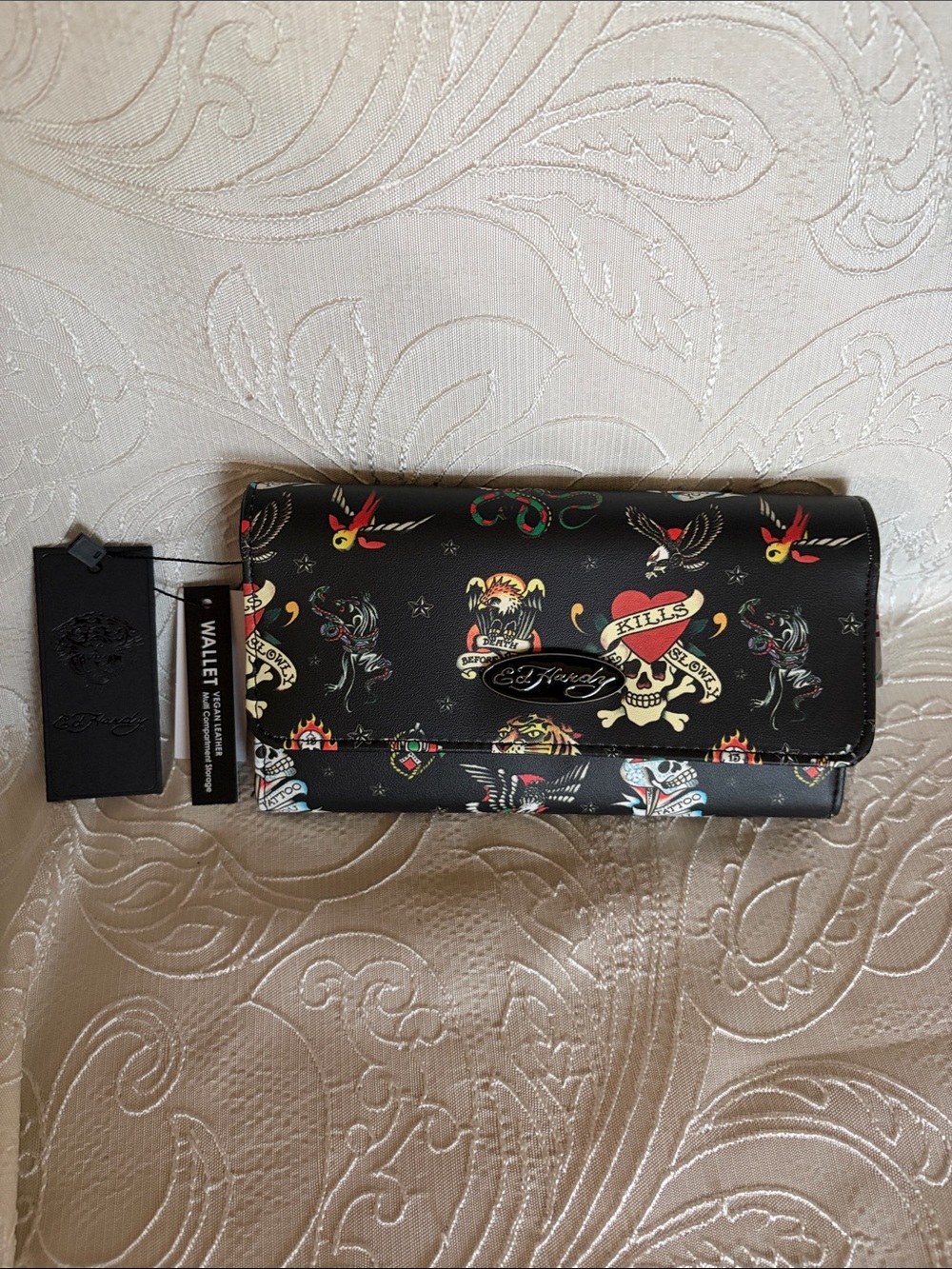 Ed Hardy Black Wallet with Multicolor Tattoo Motif